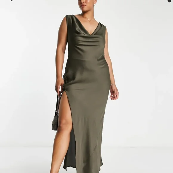 ASOS DESIGN Curve cowl neck cami beach in maxi dress khaki - Picture 1 of 5
